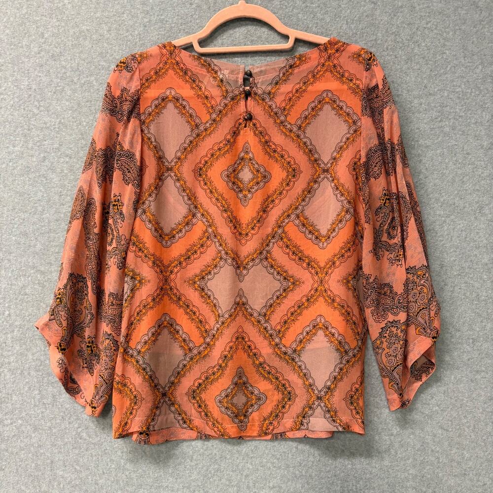 Anthropologie Ignacia Sheer Sequined Blouse Coral Gold Boho Top Women S - Picture 3 of 9